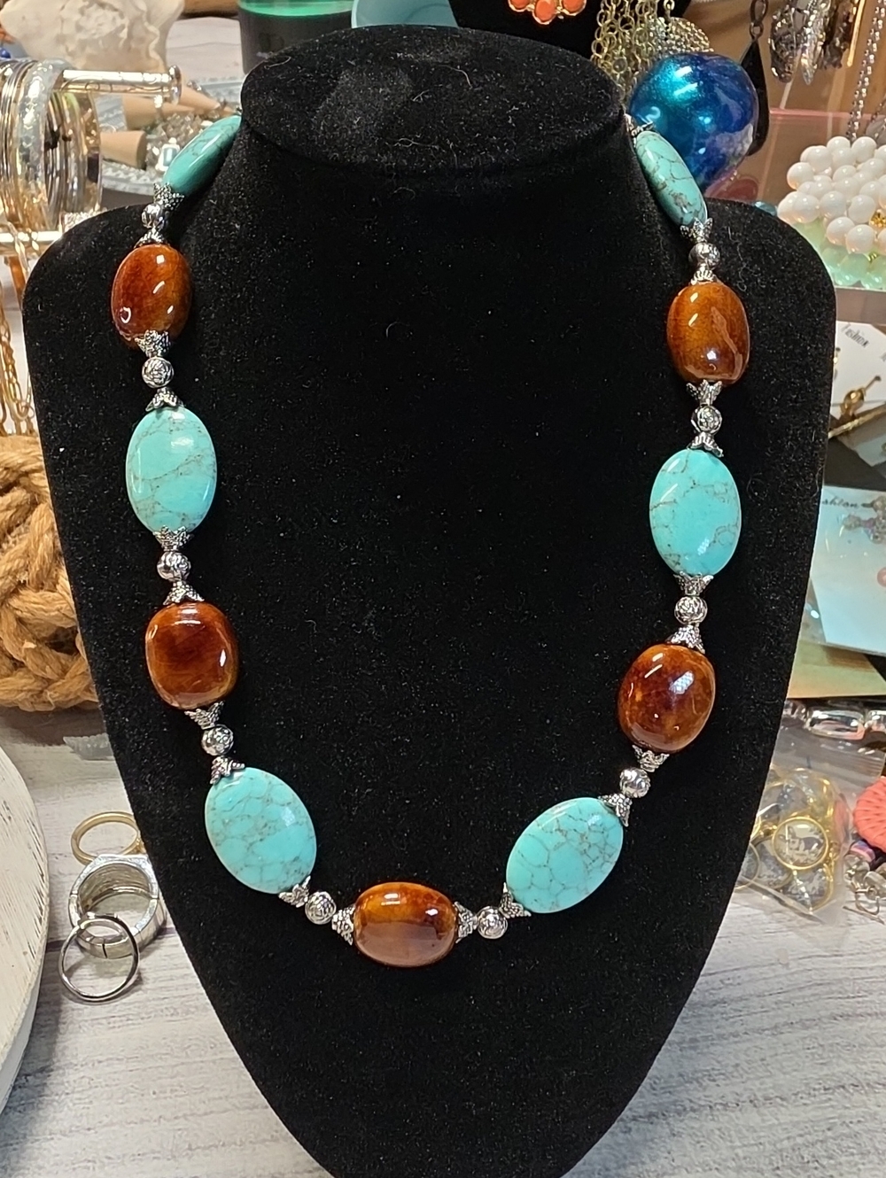 A66- Faux-Turquoise & Amber Bead Statement Necklace - Premier Designs